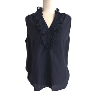Ann Taylor Loft Navy Blue Cotton Silk Blend Ruffle V-Neck Sleeveless Blouse M